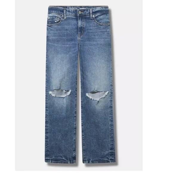 torrid Denim - Torrid Womens Boyfriend Jeans Blue Distressed Ripped‎ Knee Straight Leg Denim